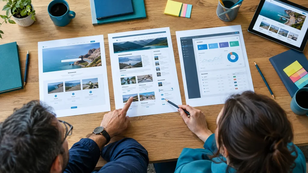 Comparaison de trois maquettes de site web, vitrine, WordPress et sur mesure, sur une table de réunion
