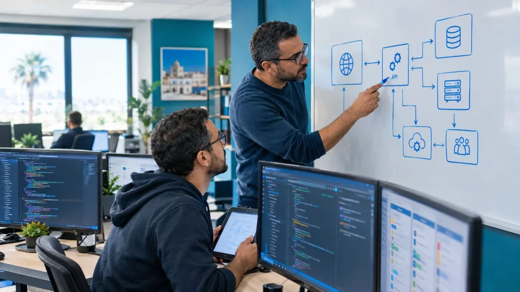 Développeurs Blue Web dessinant l’architecture d’une application web métier reliée à une API, un ERP et un CRM