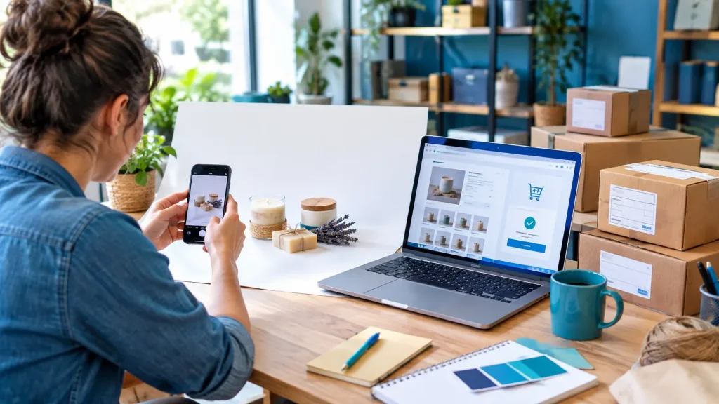 Commerçante préparant son catalogue produits et ses expéditions pour le lancement de sa boutique en ligne